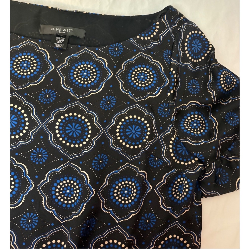 Nine West 100% Silk Medallion Print Dress 14 Black BlueGeometric Bird 14